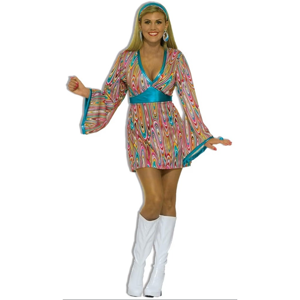Rubies Peace & Love Hippie Costume XS (2-6) 60's Mod Gogo Dress Headband Swirl